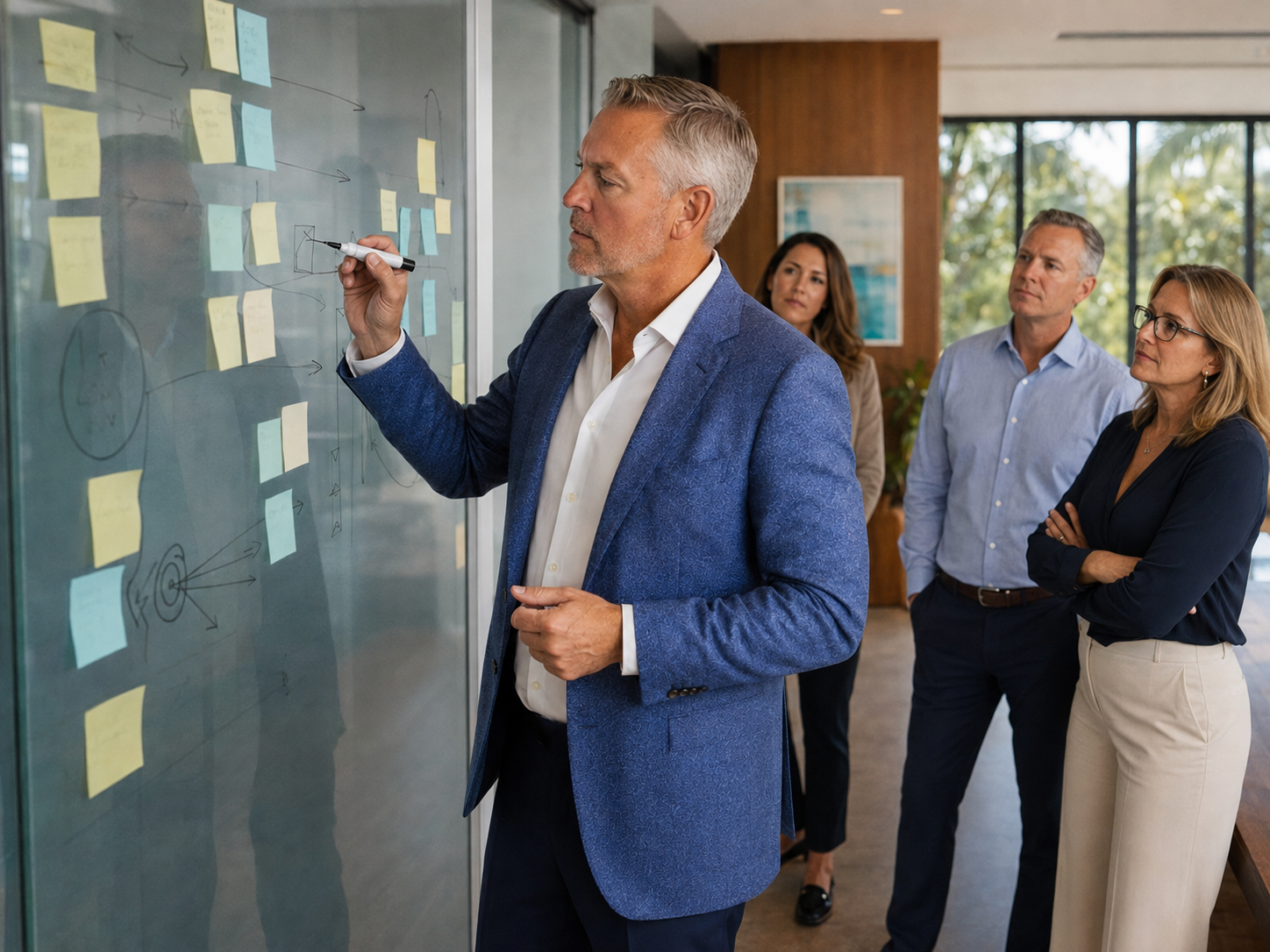 Mark Powers mapping strategy on a glass planning wall while a leadership team observes